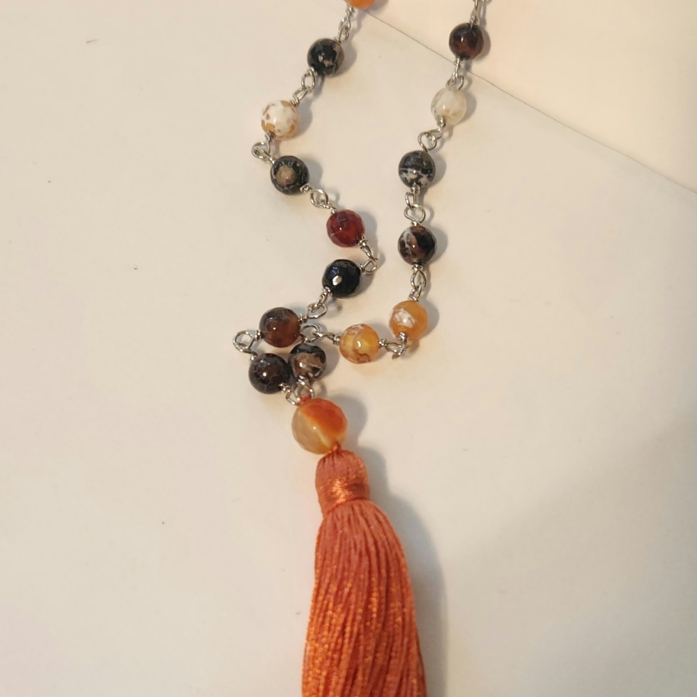 Orange and Brown Beaded Tassel Necklace - Picture 7 of 11